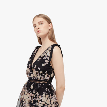 Self-Portrait Sleeveless Midnight Floral Mesh Dress in Black