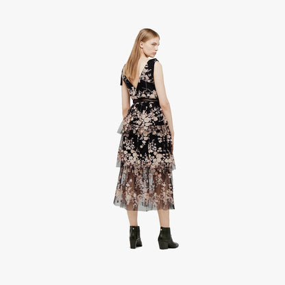 Self-Portrait Sleeveless Midnight Floral Mesh Dress in Black