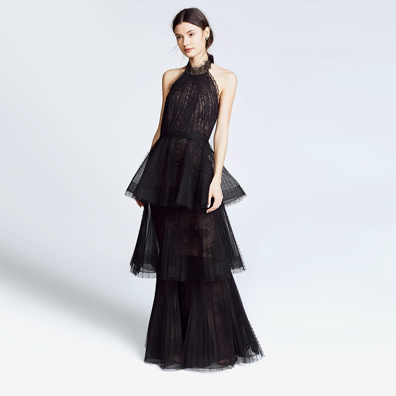 Marchesa Notte Tiered Halter Lace