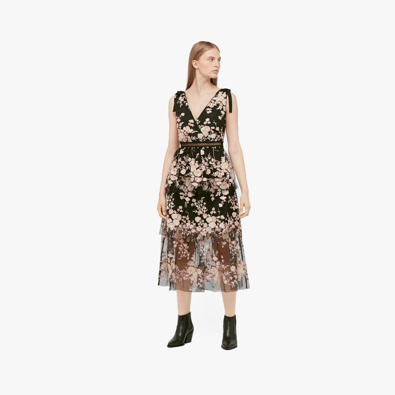 Self-Portrait Sleeveless Midnight Floral Mesh Dress in Black