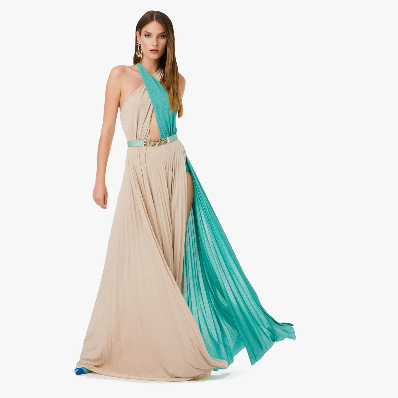 Elisabetta Franchi Belted Two-tone Pleated Long Dress In Neutral