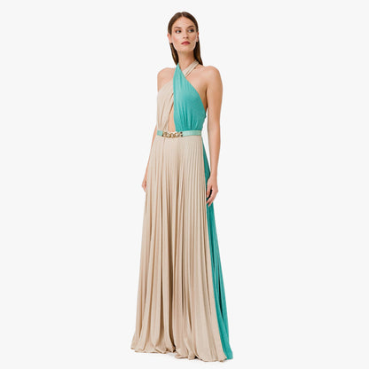 Elisabetta Franchi Belted Two-tone Pleated Long Dress In Neutral