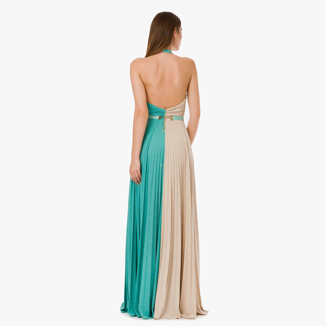 Elisabetta Franchi Belted Two-tone Pleated Long Dress In Neutral