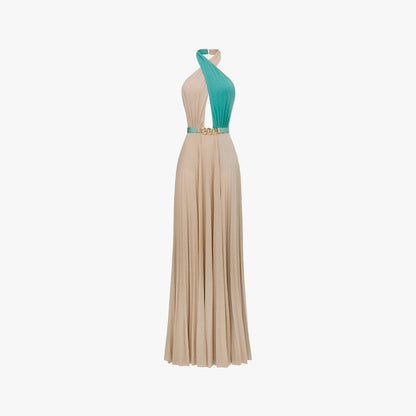 Elisabetta Franchi Belted Two-tone Pleated Long Dress In Neutral